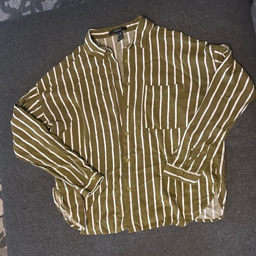 Forever 21 button down striped green and white shirt